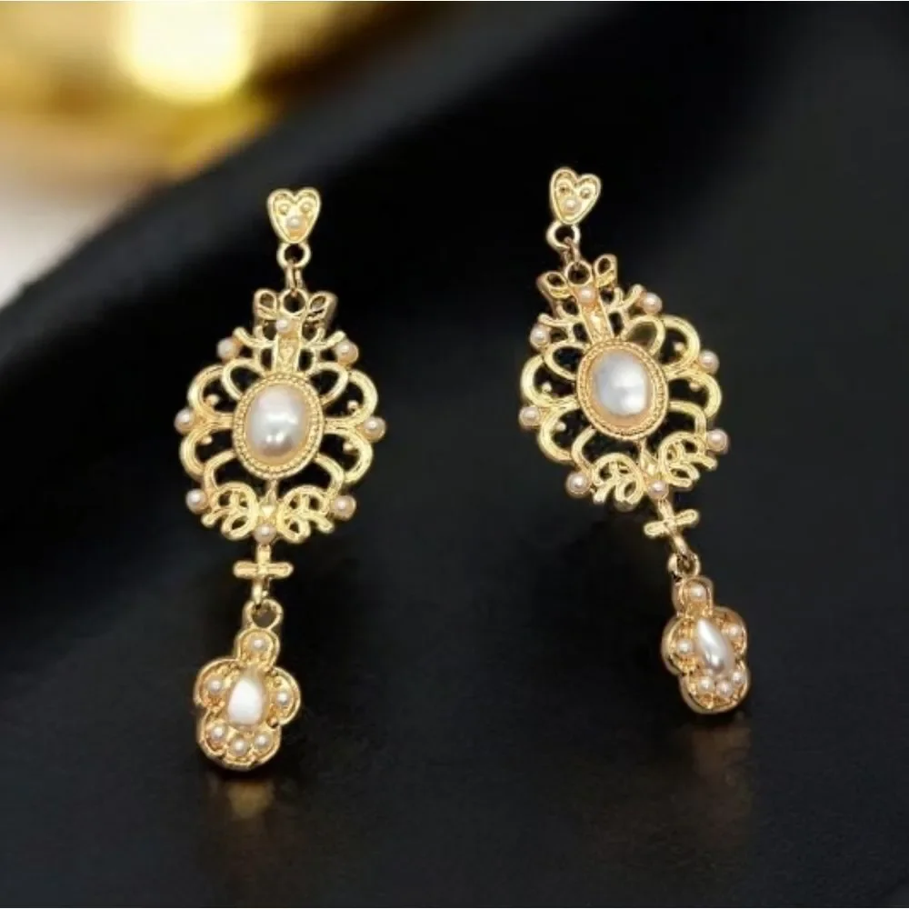 Gold Filigree Pearl Drop Earrings Bridal Wedding Dangle Earrings Vintage Glamour